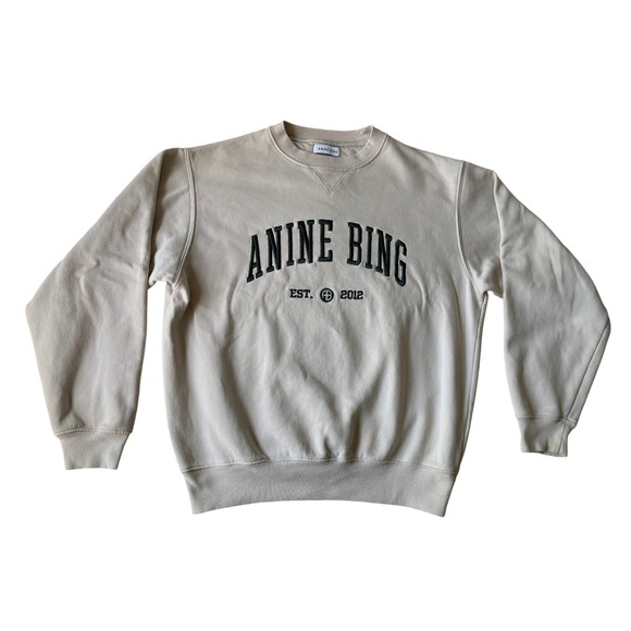 Anine Bing Tops - Anine Bing Ramona University Crewneck Sweatshirt Stone 100% Cotton Small